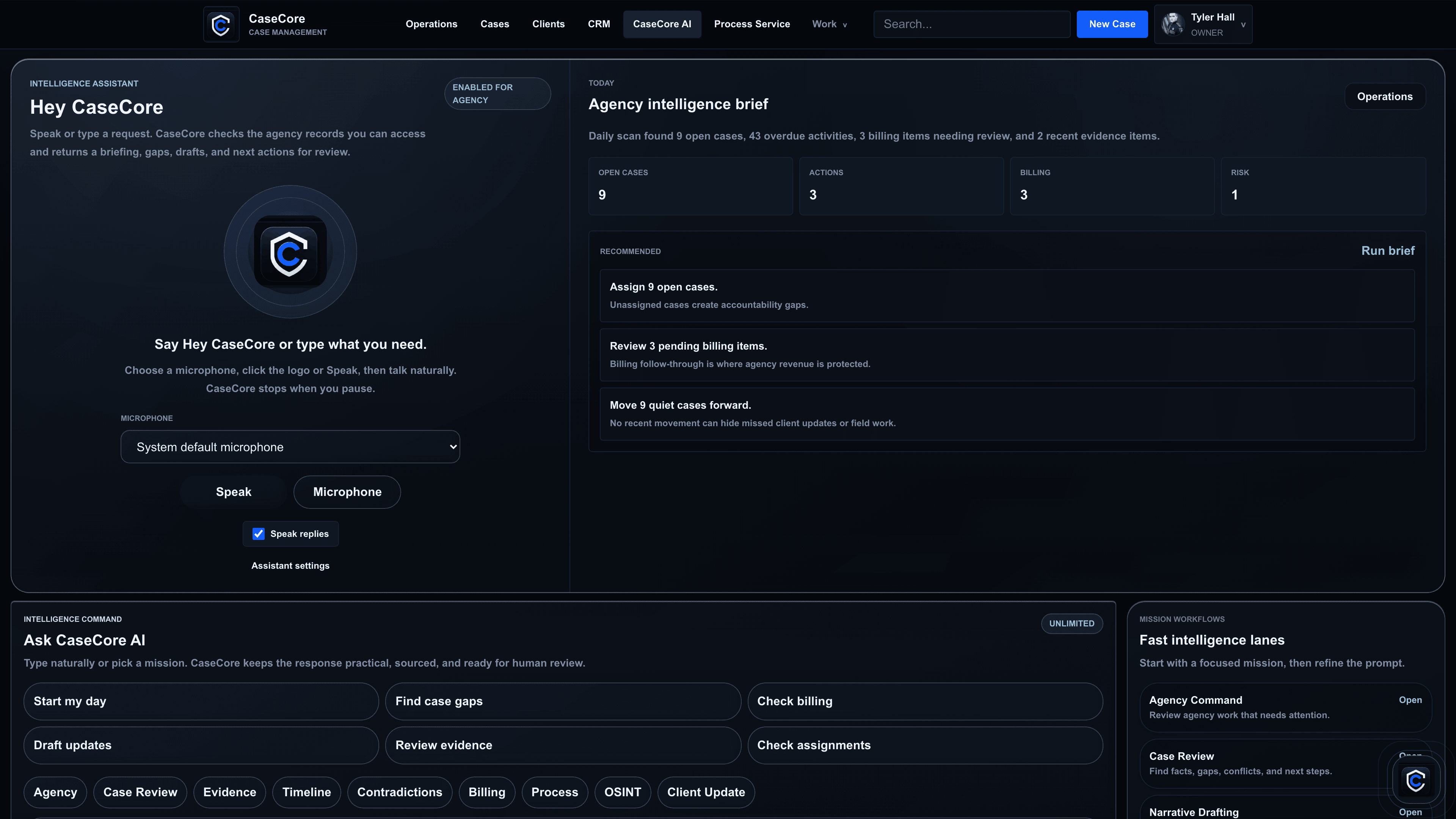 CaseCore AI intelligence workspace