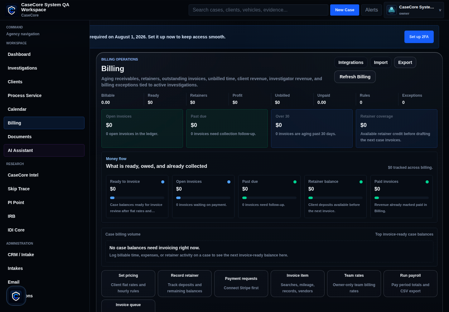 CaseCore billing workspace