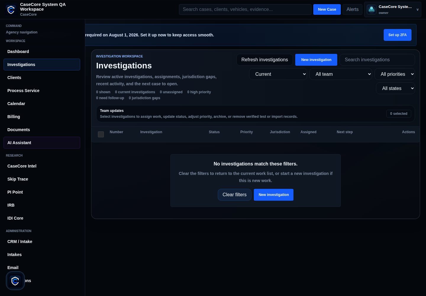 CaseCore investigations registry