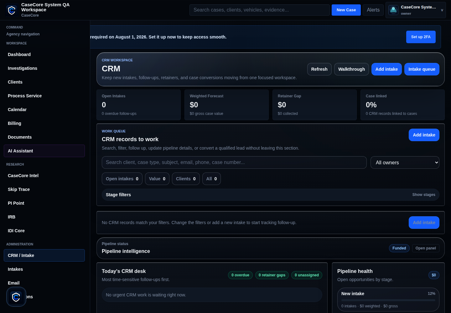 CaseCore CRM workspace