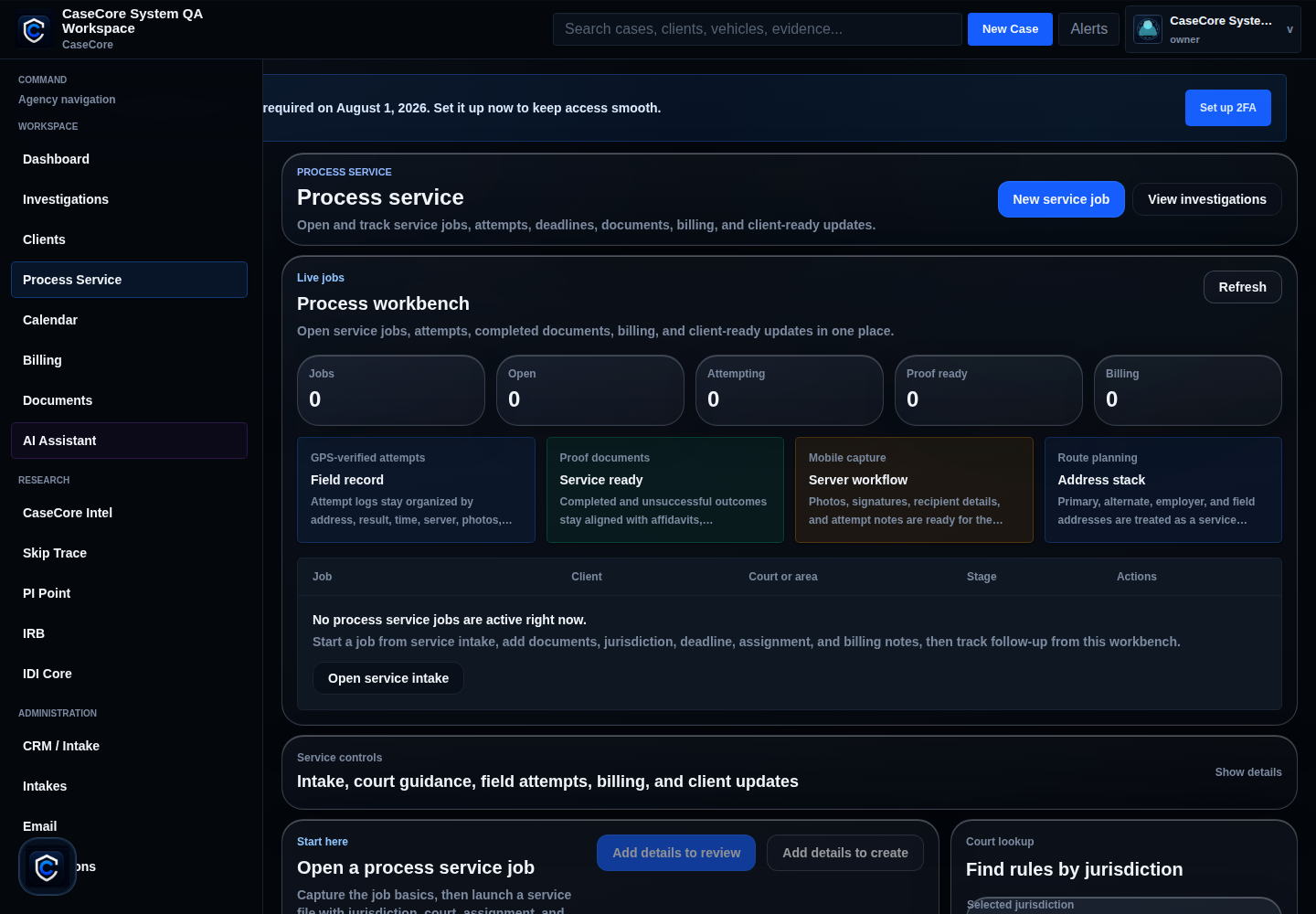 CaseCore process service workspace