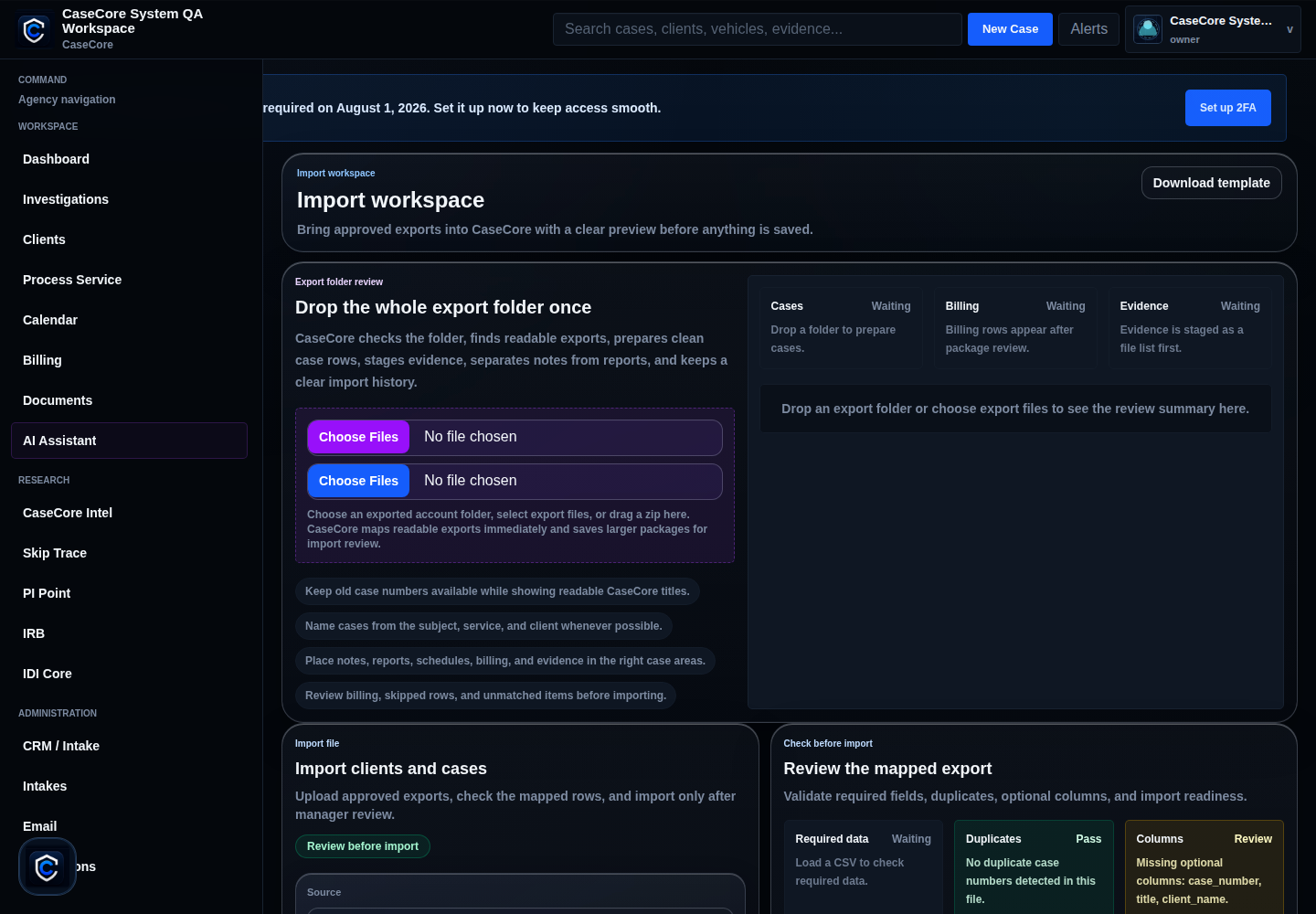 CaseCore data import workspace